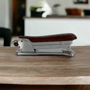 ACE LINER 502 Vintage Desk Stapler Retro Mid Century Chrome Wood Tone